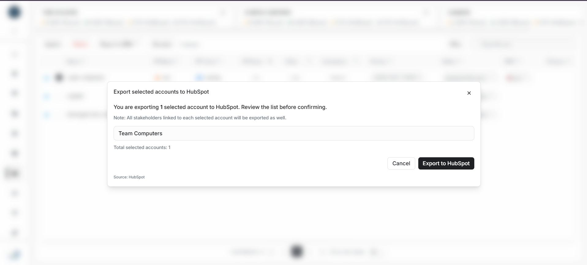 Export selected accounts to HubSpot confirmation