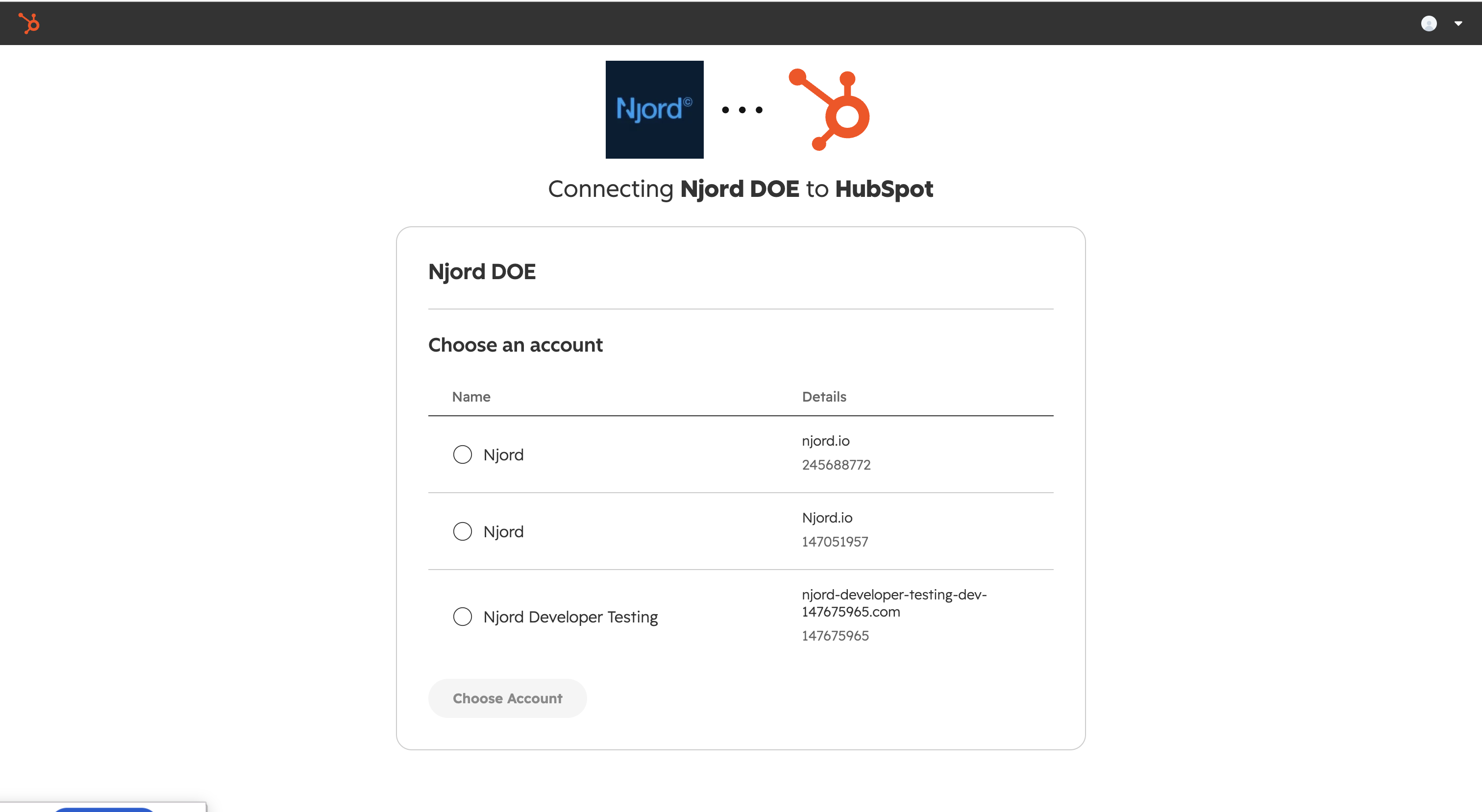 Choose the HubSpot account