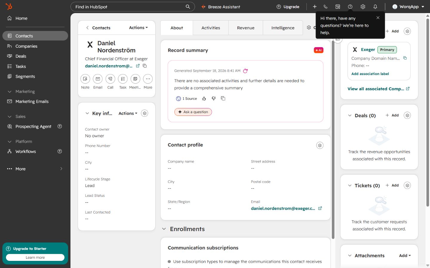 HubSpot Contact record view