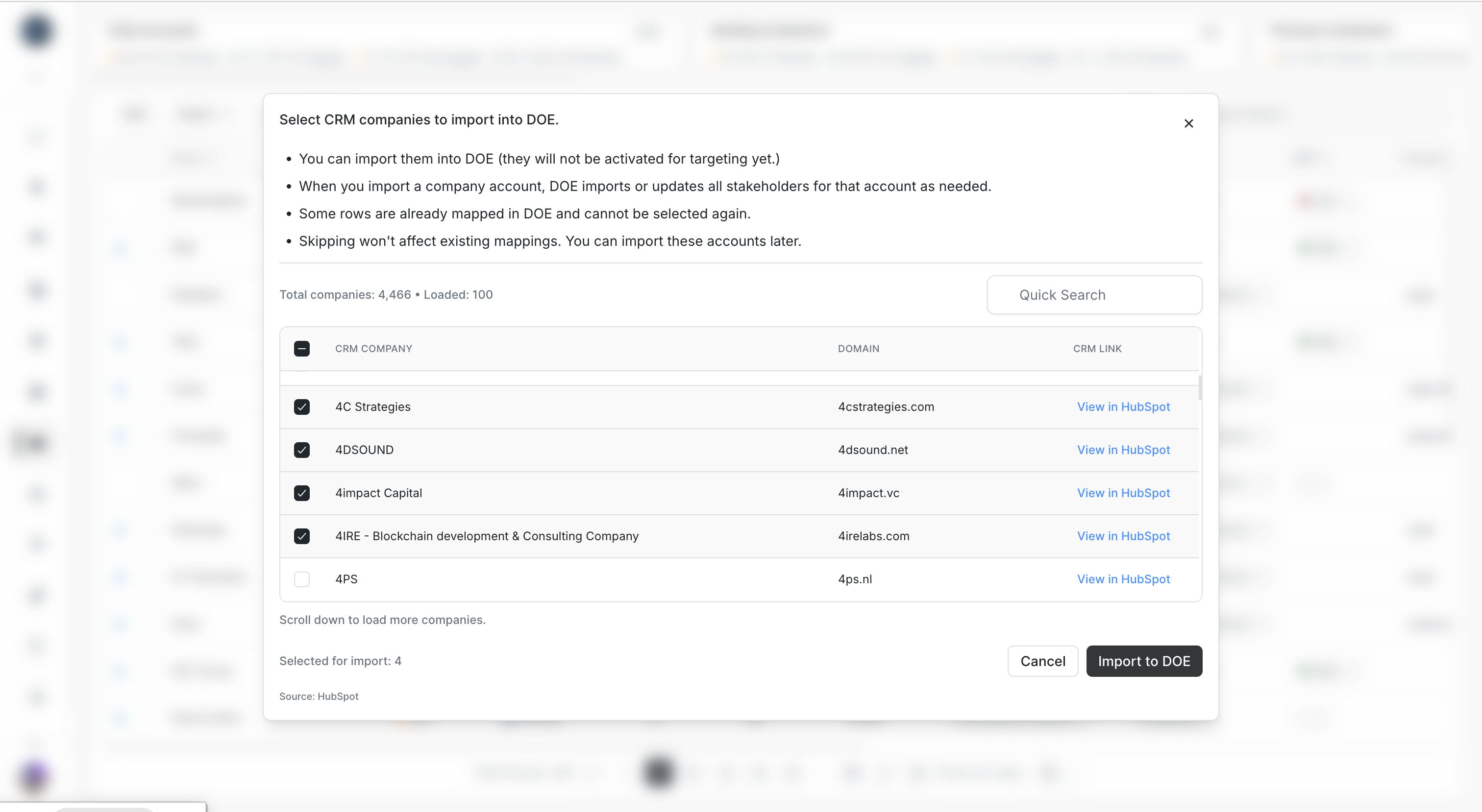 Select Salesforce Accounts to import into DOE