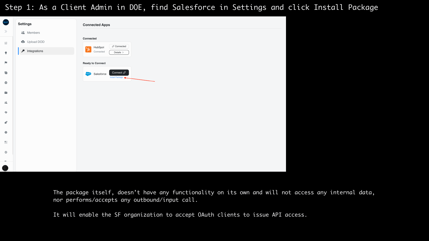 Install the Salesforce package from DOE settings