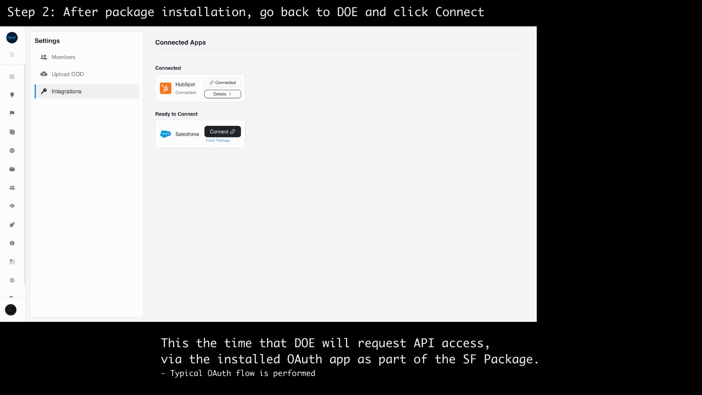 Return to DOE and connect Salesforce after package installation