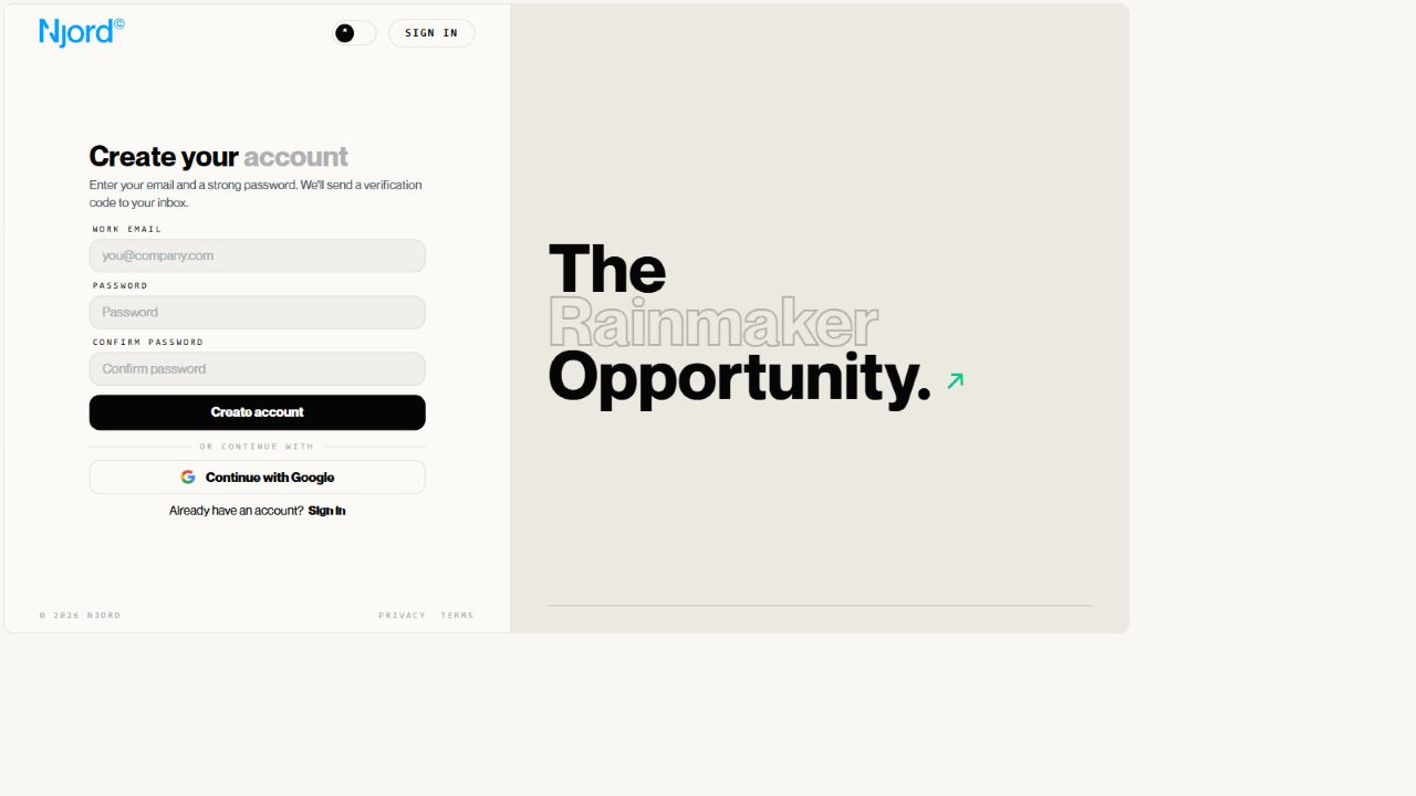 Create account screen
