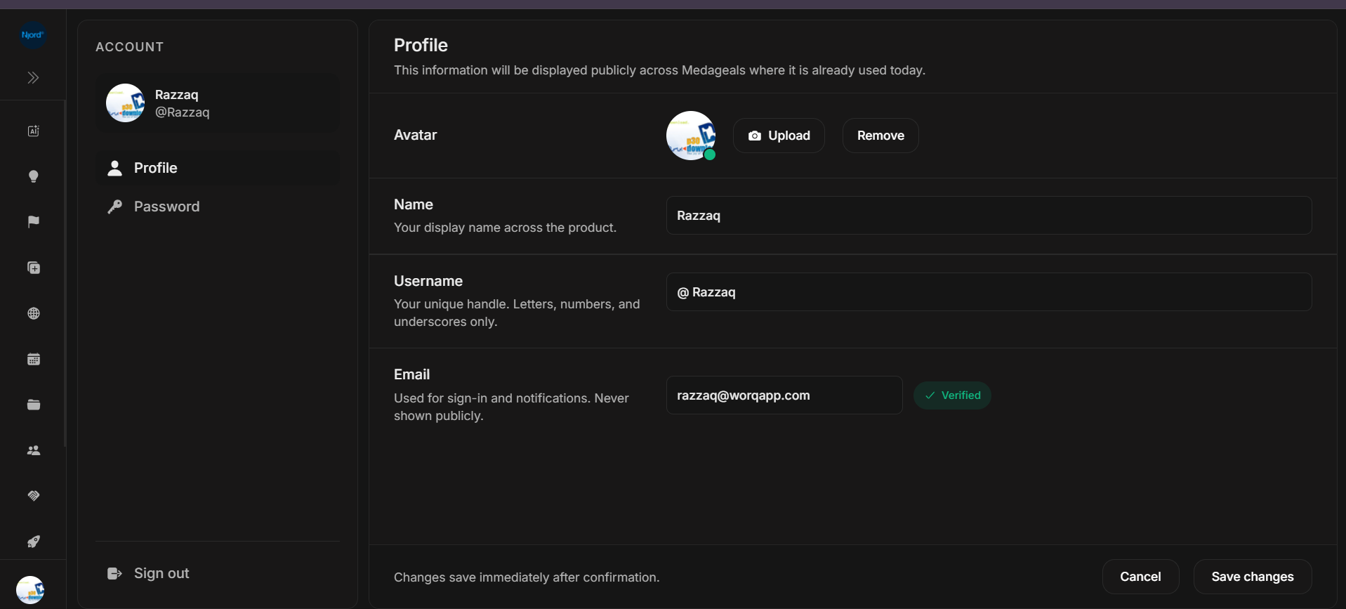 Profile settings page