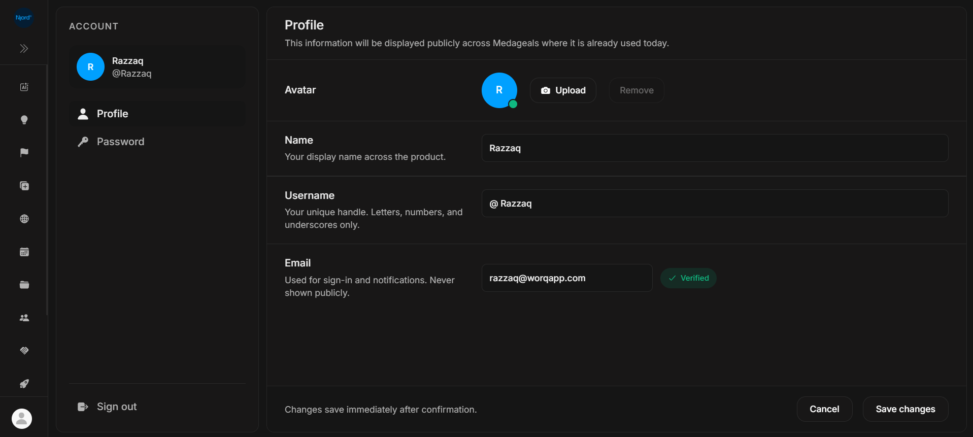 Password settings page