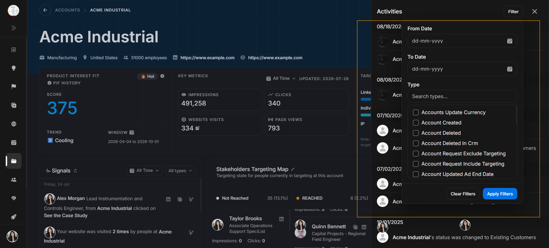 Activity filter modal