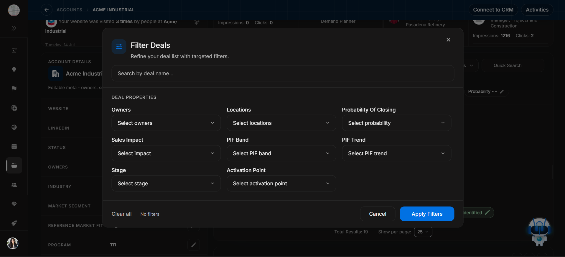 Filter Deals modal