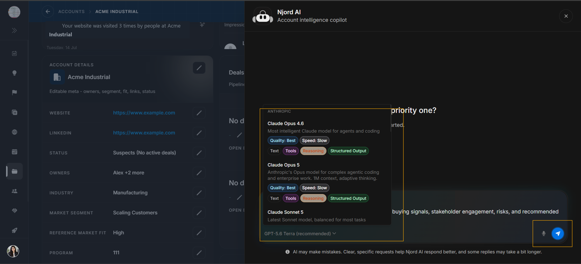 AI model and send controls