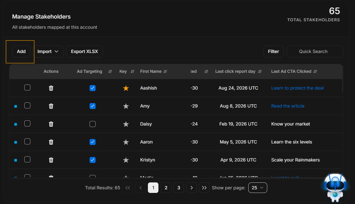 Add, import, export, filter, and search controls