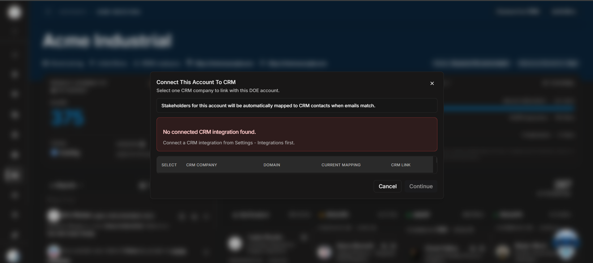 CRM connection modal