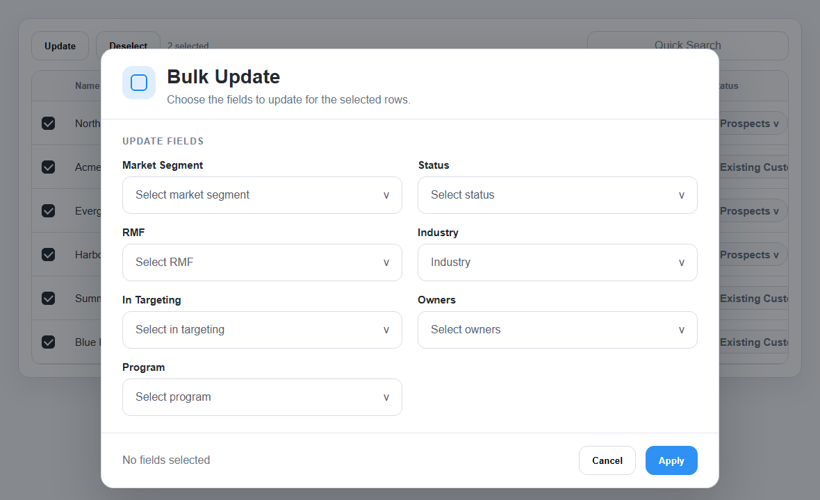 Bulk Update Accounts dialog