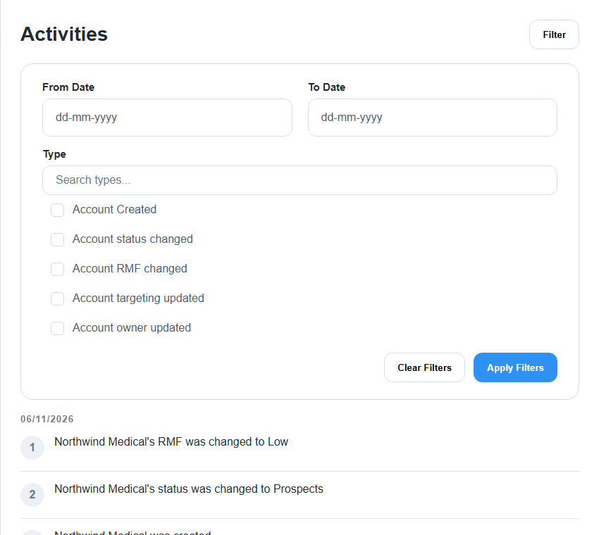 Activities drawer and filter