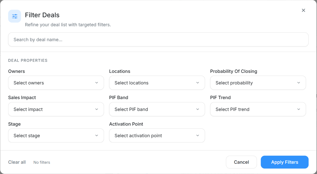 Filter Deals modal