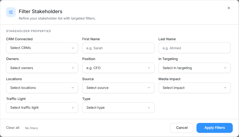 Deal stakeholder filter dialog