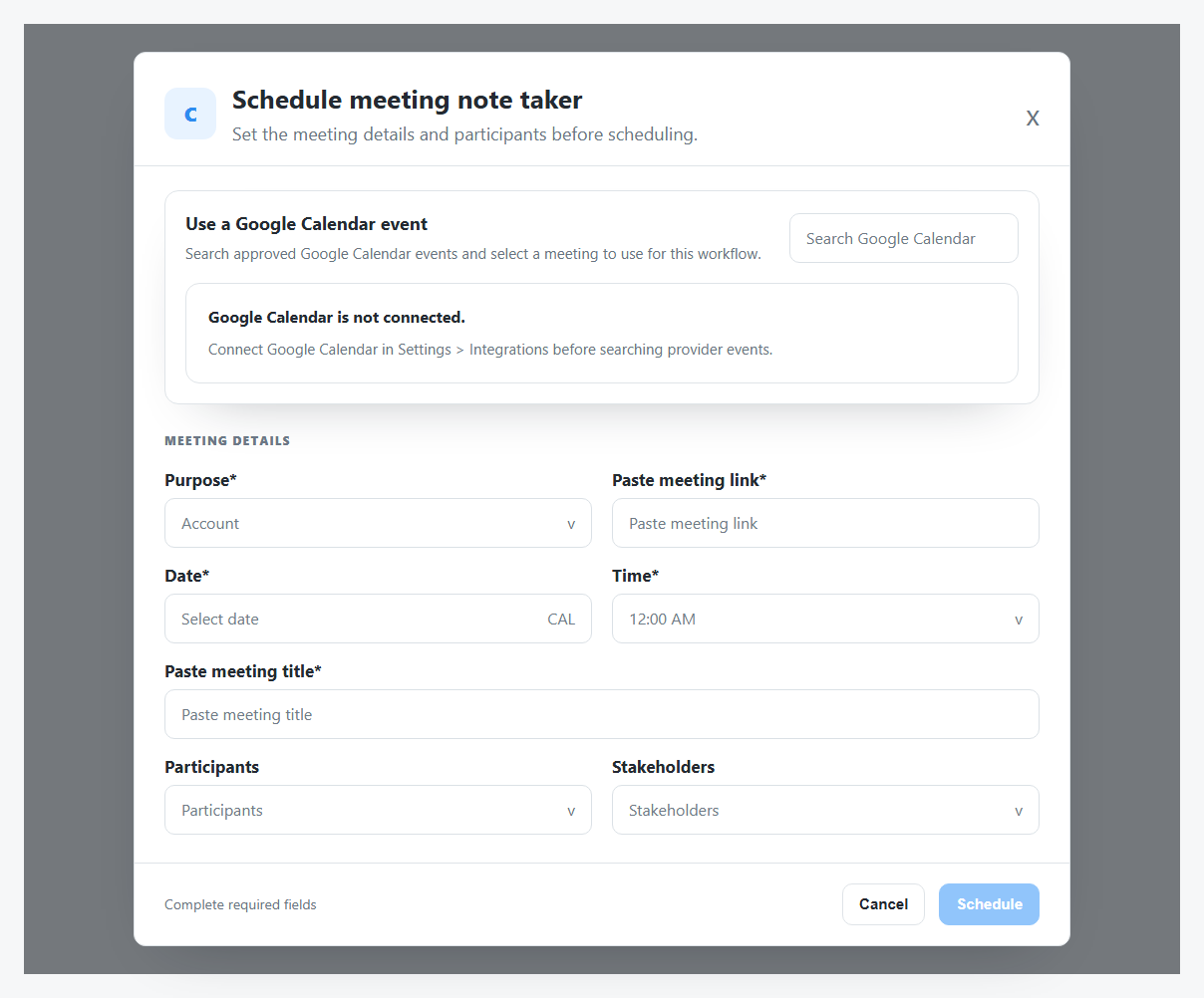 Schedule meeting note taker from account details