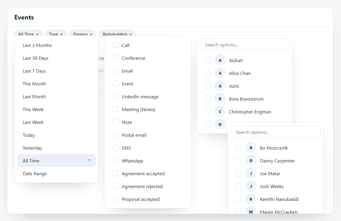 Account event filter dropdowns