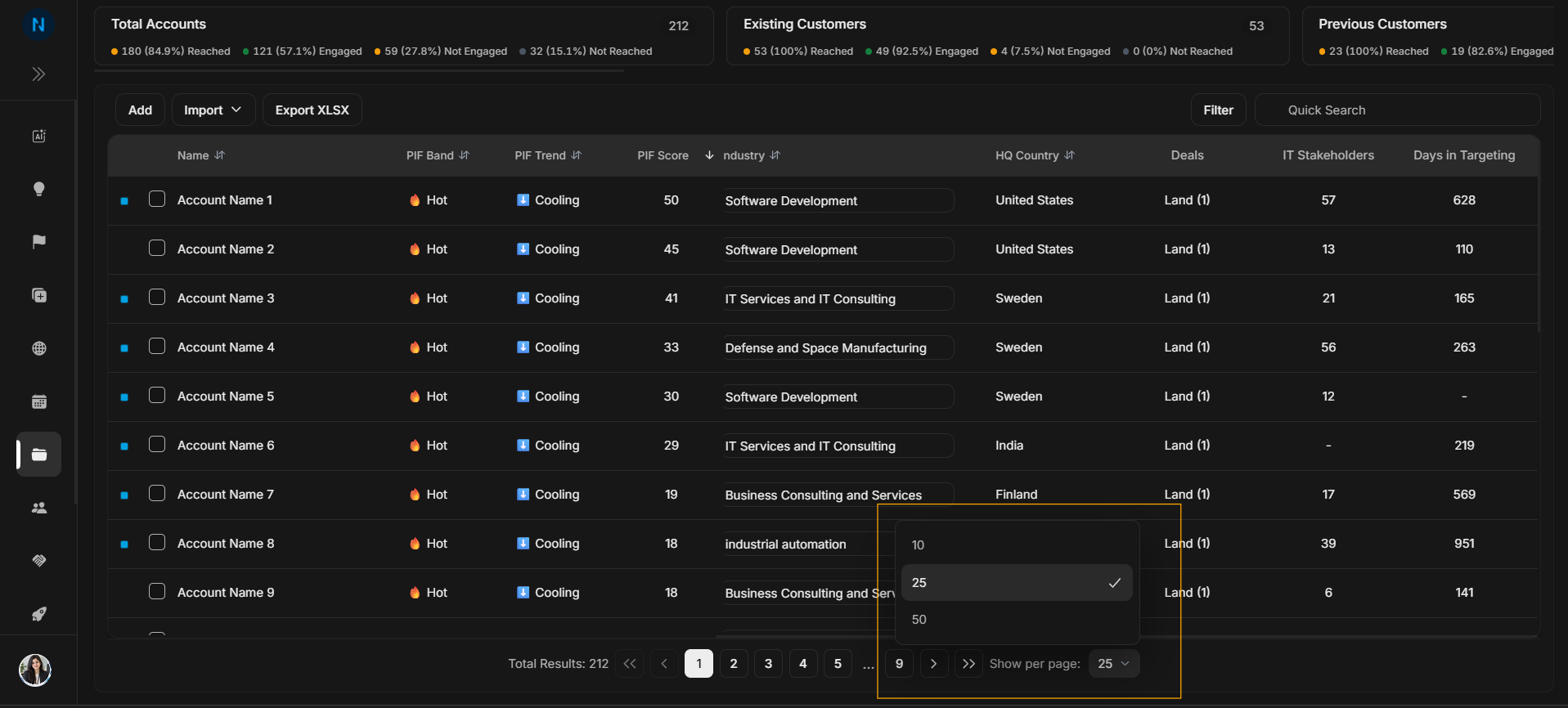 Account row selection and bulk actions