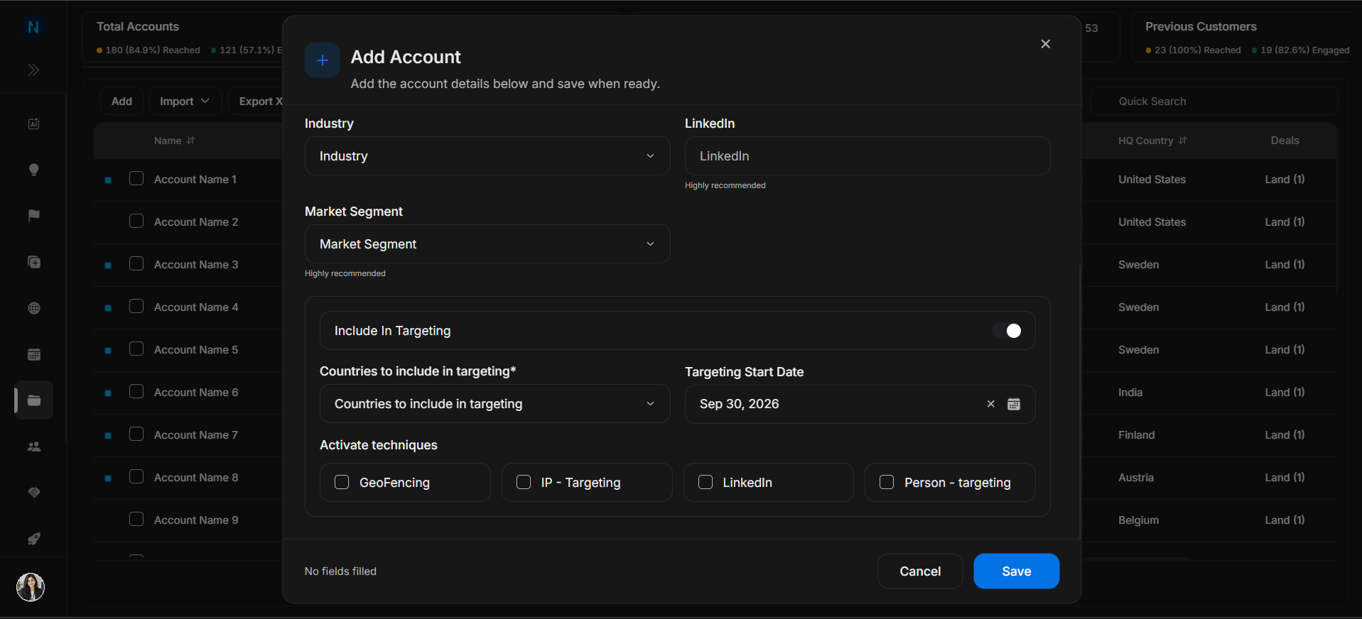 Add Account targeting fields
