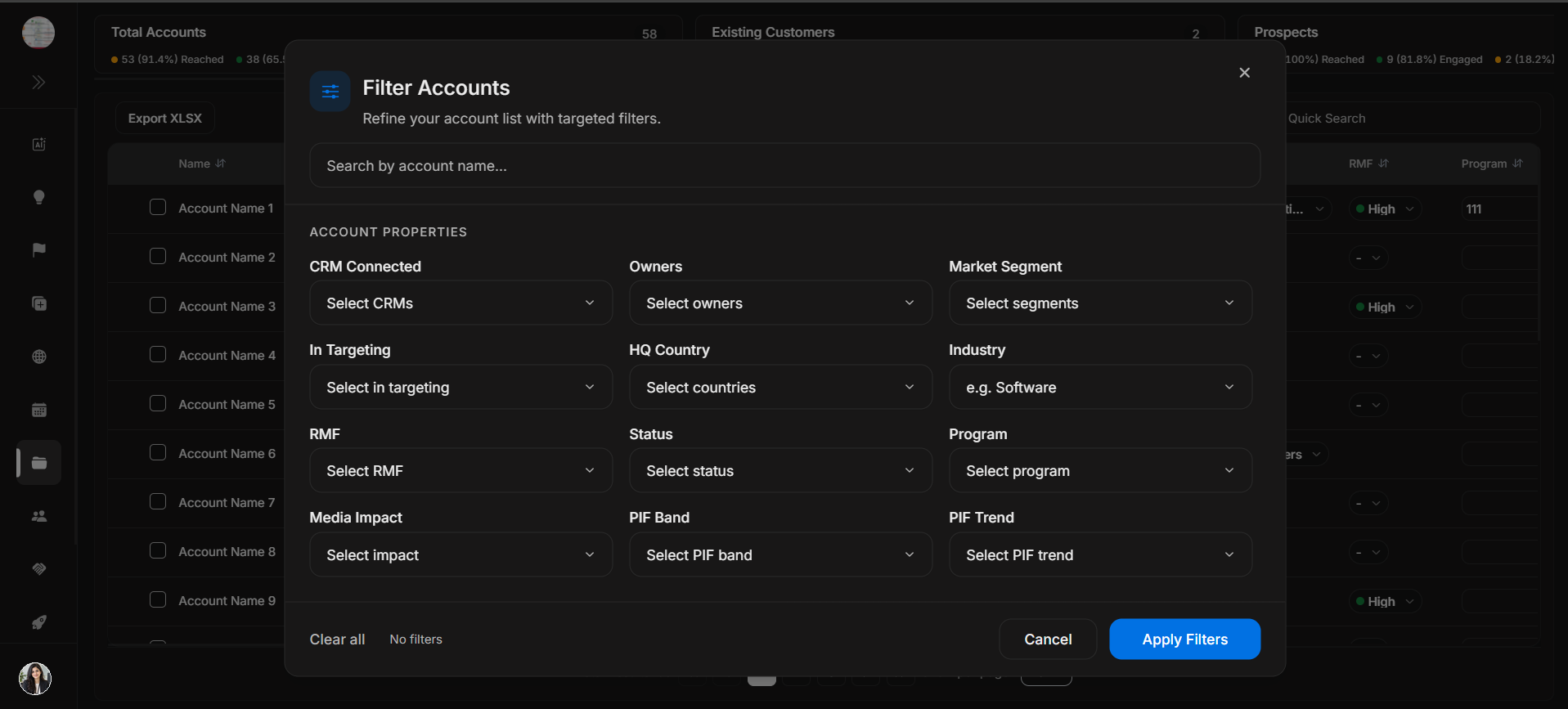 Filter Accounts modal
