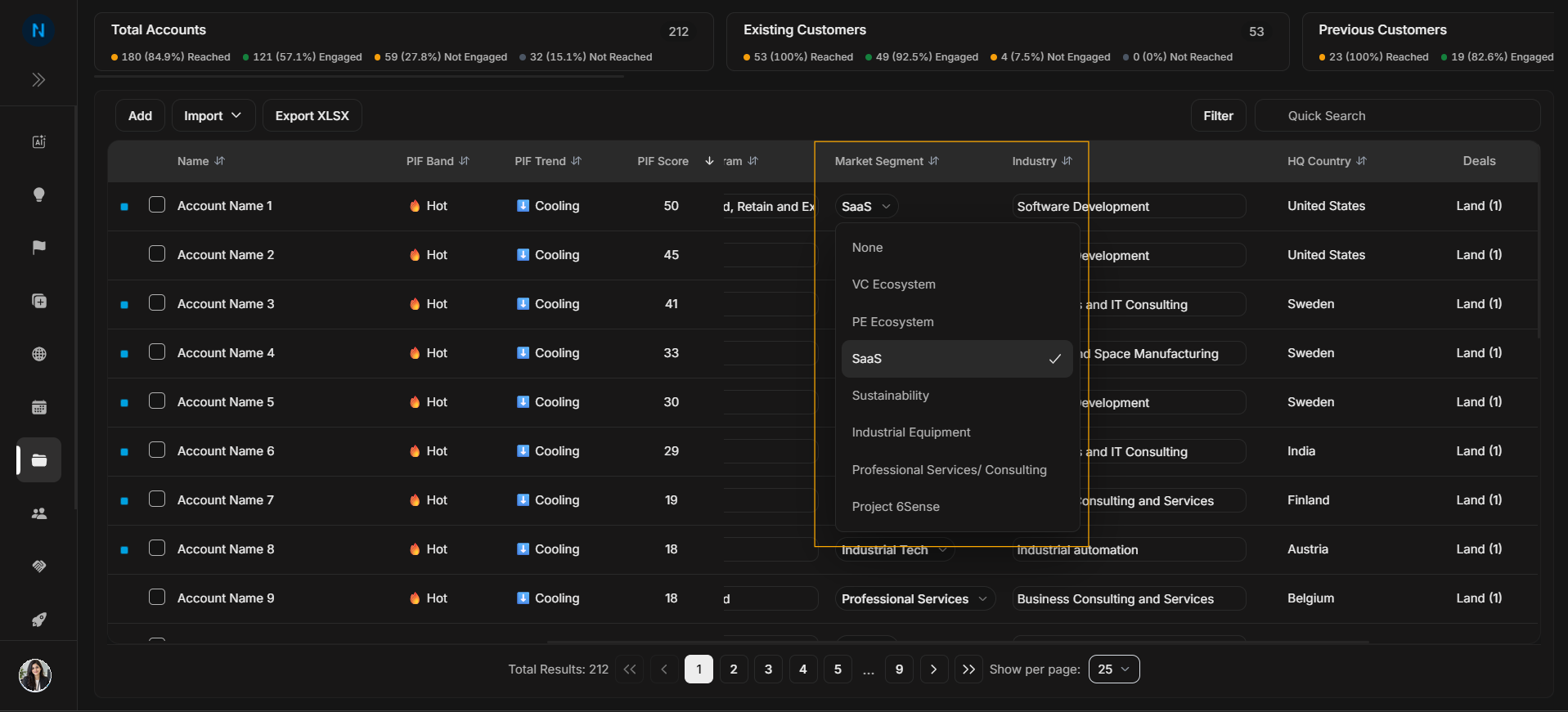 Market segment dropdown