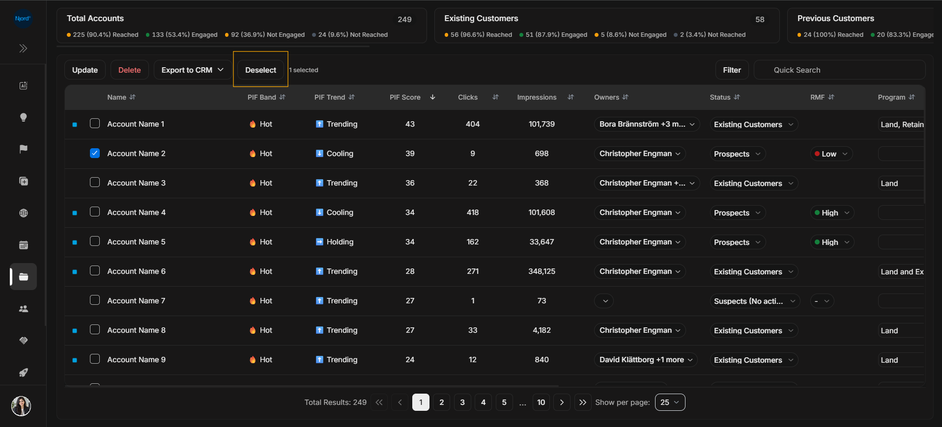 Selected account bulk toolbar