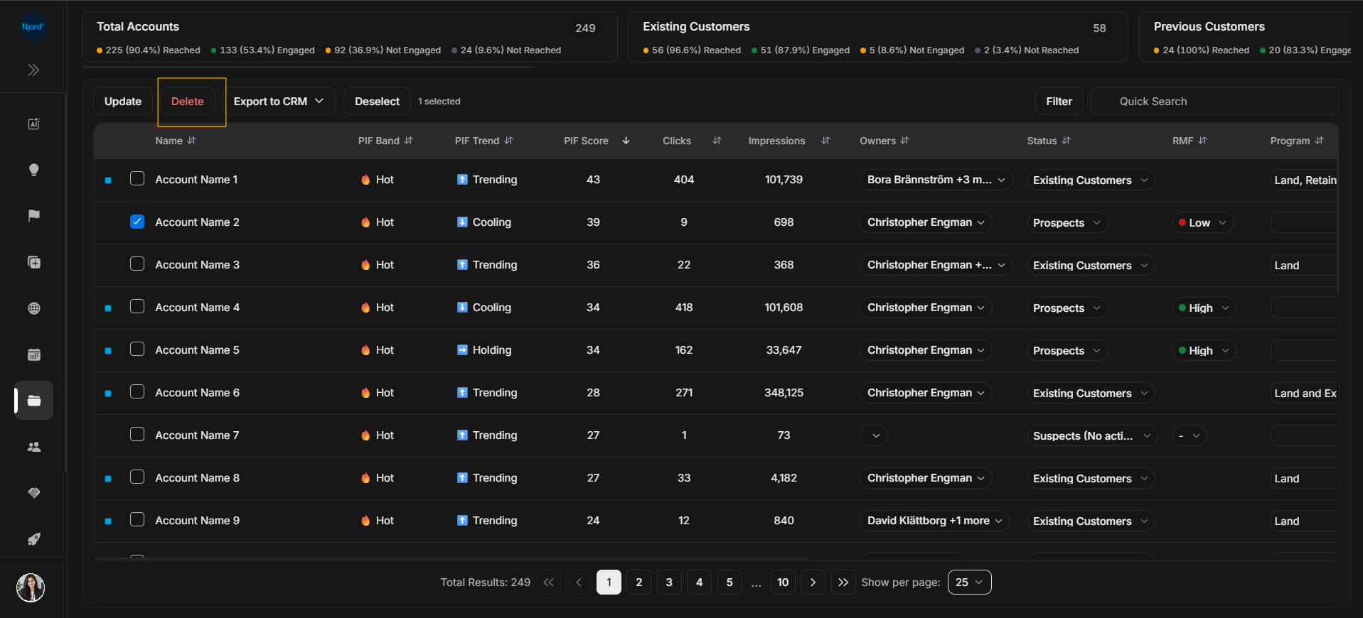 Delete selected accounts action
