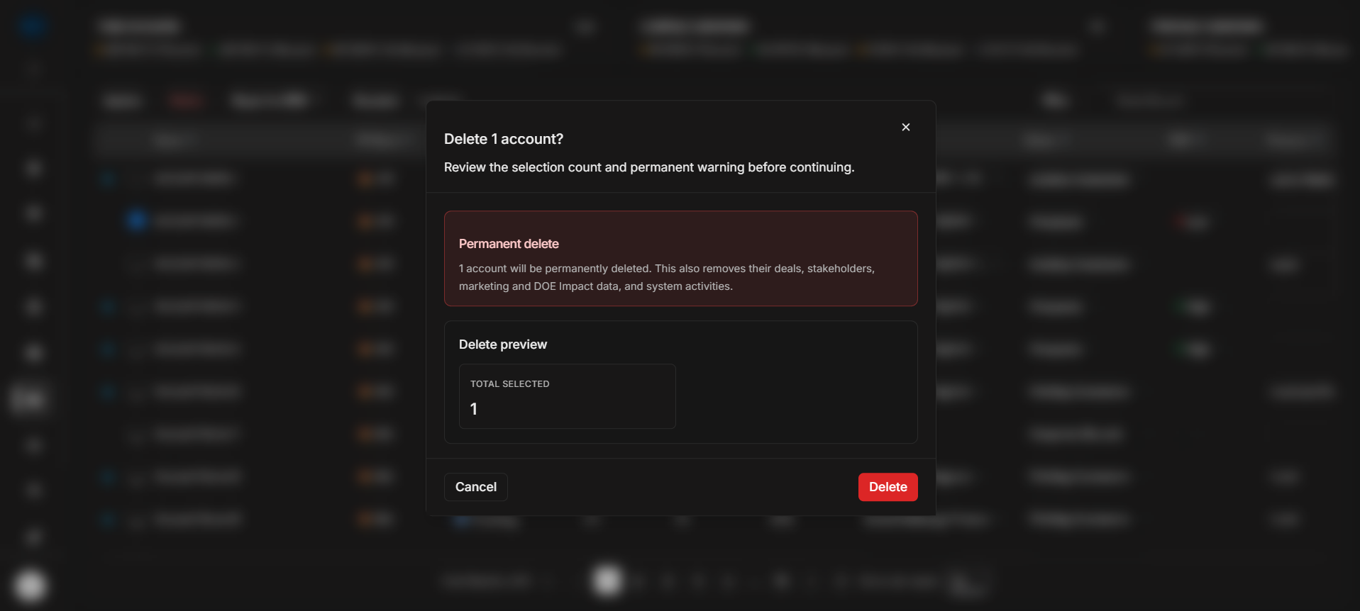 Delete selected accounts confirmation
