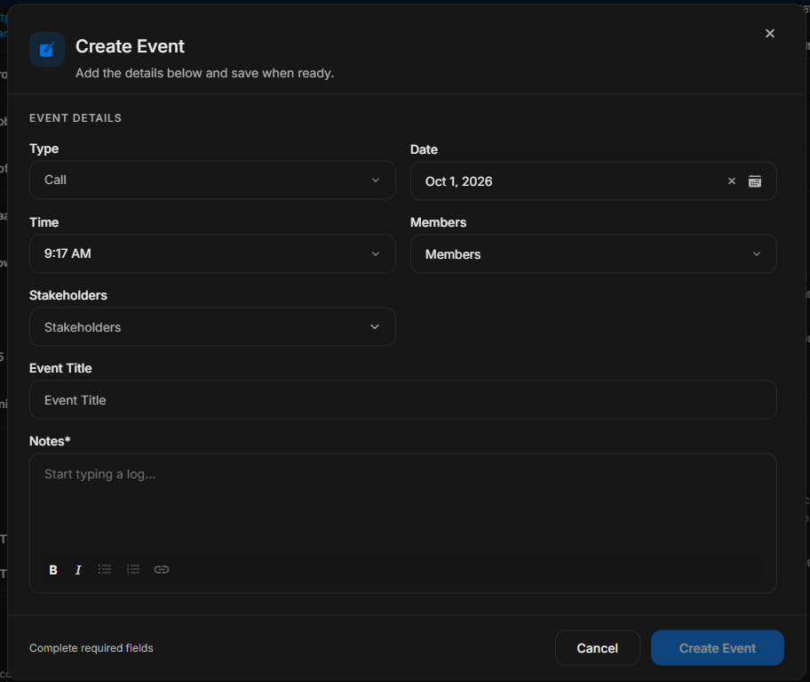 Create Event modal