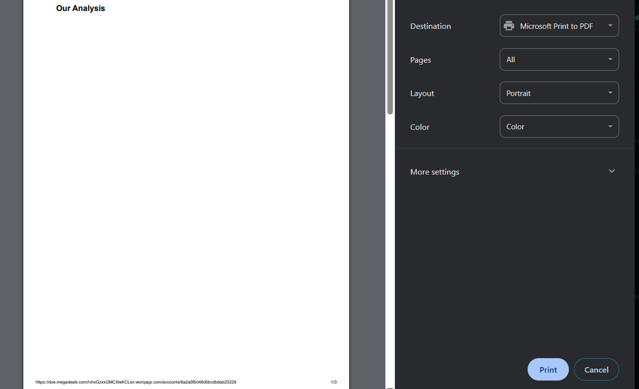 Print or export dialog