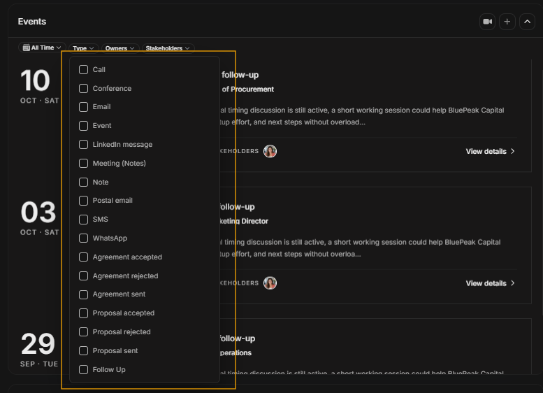 Event type dropdown opened