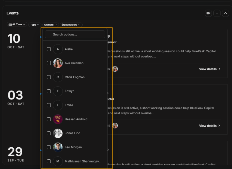 Owners dropdown opened