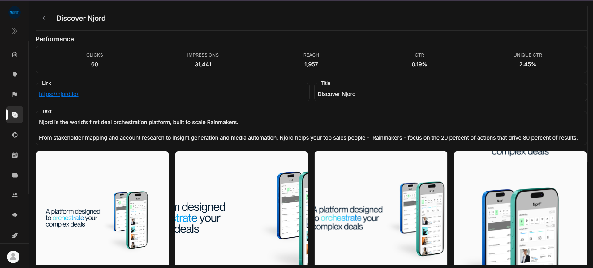 Ad Details page with performance cards and creative assets