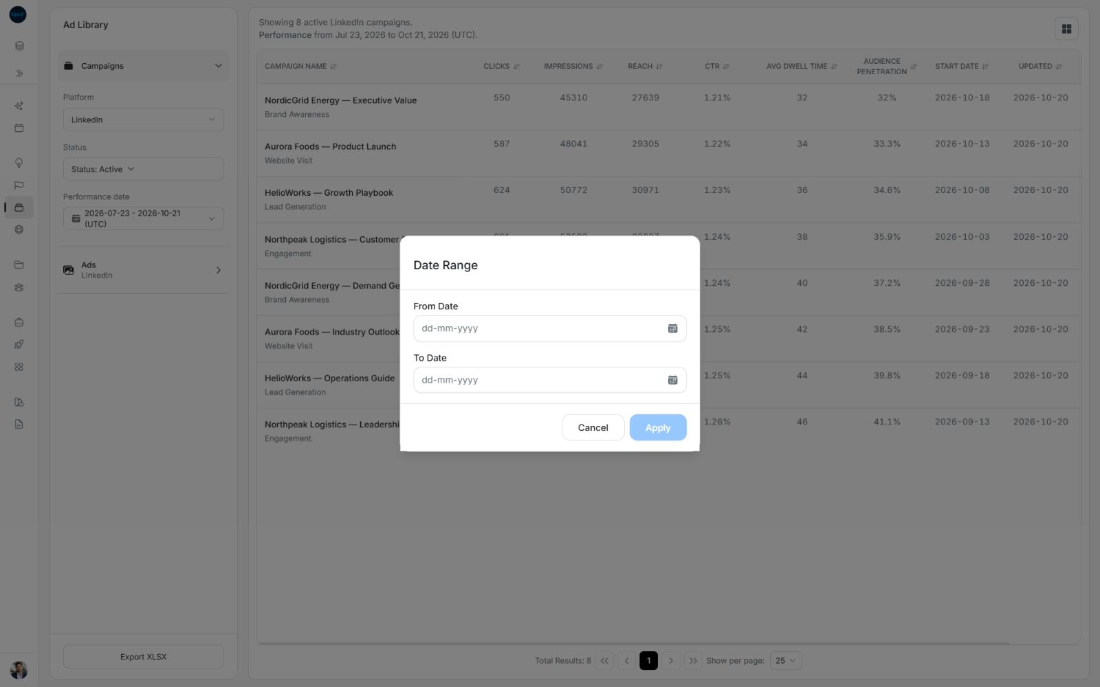 Empty custom date range form