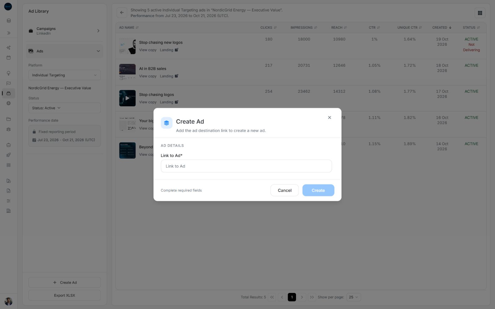 Create Ad window with the required Link to Ad field