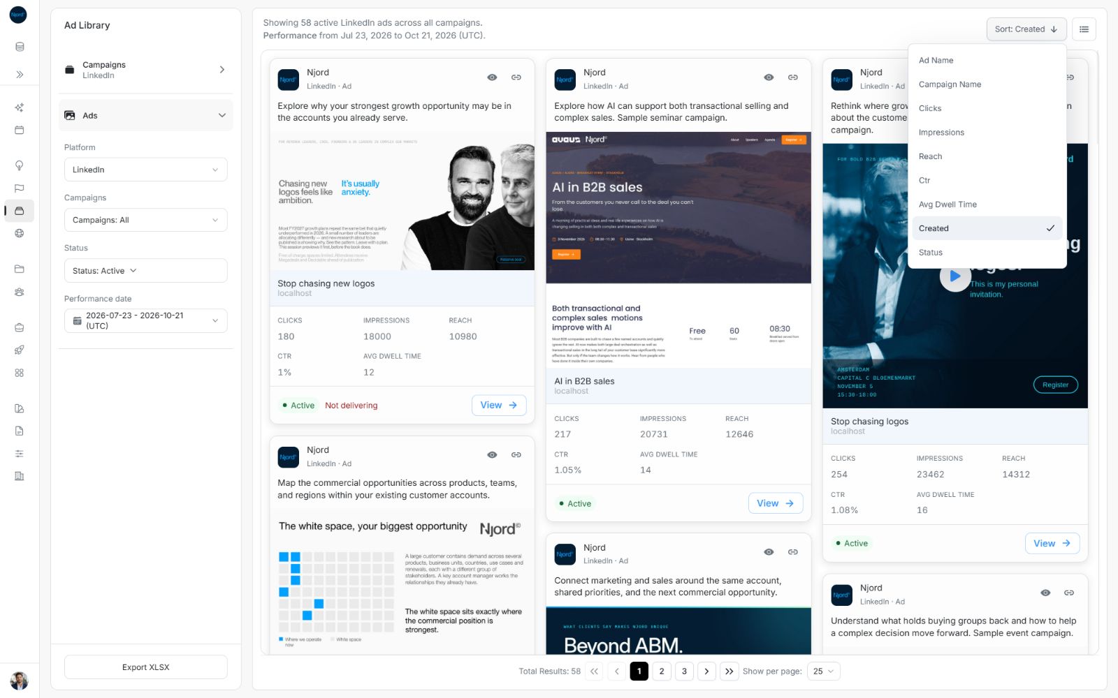 Ad card Sort menu with available comparison fields