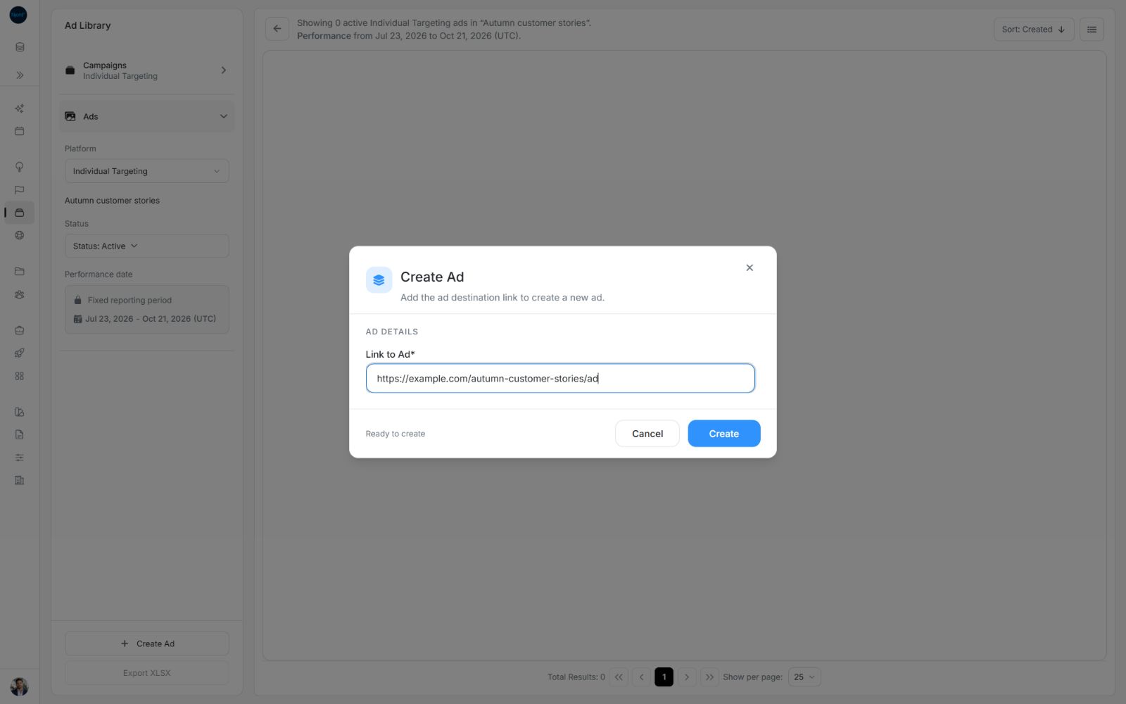 Completed Create Ad form with a destination link