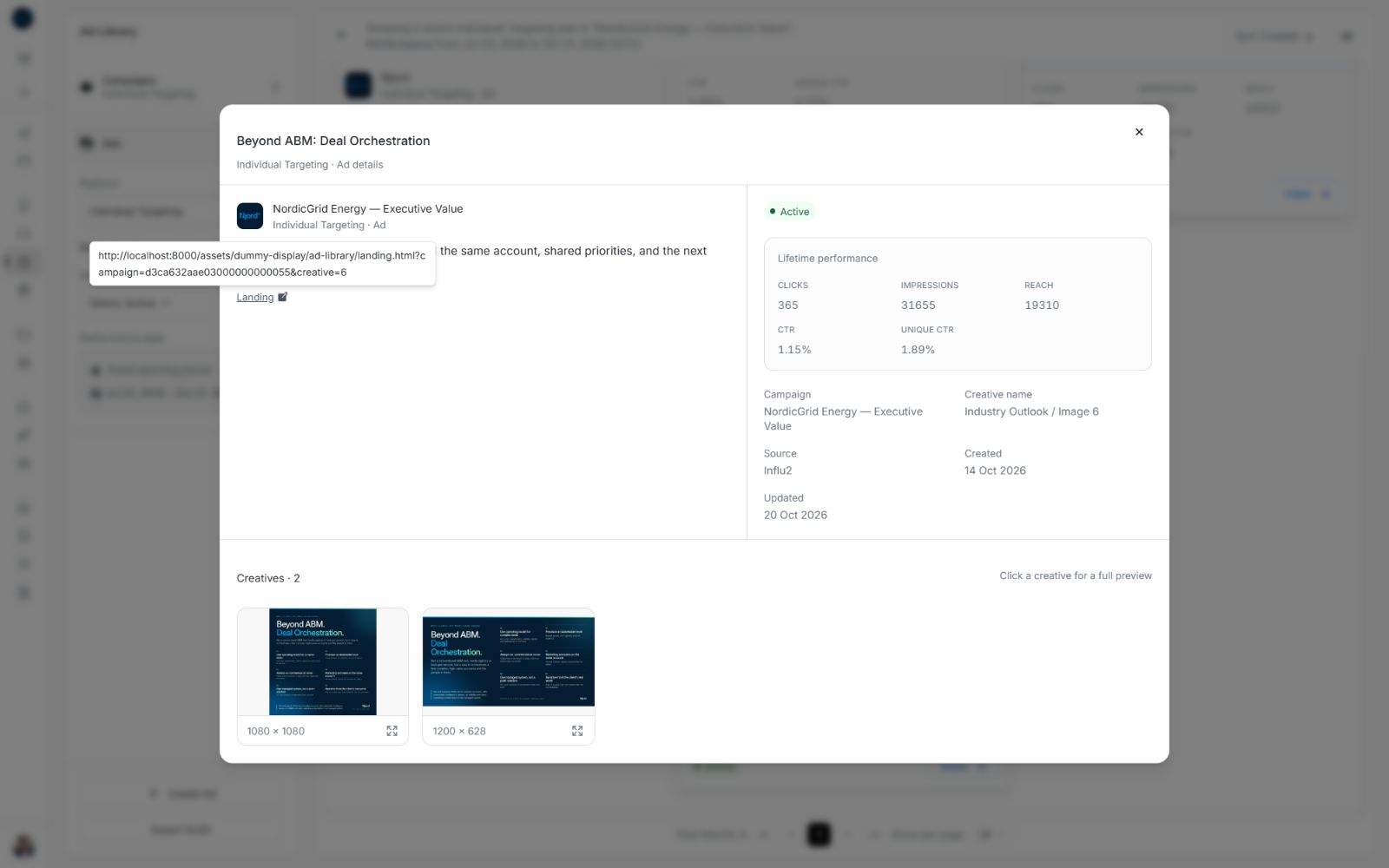 Landing action displaying its full destination URL in the ad preview