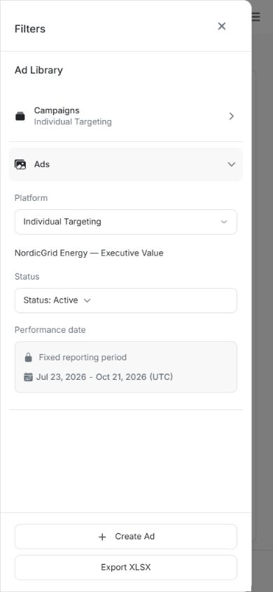 Mobile scoped Filters with Create Ad and Export XLSX