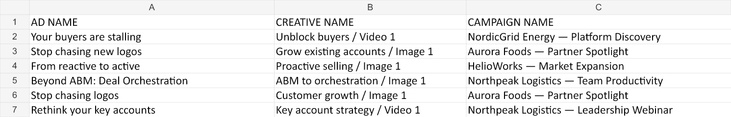 Example XLSX: ad name, creative name and campaign name columns