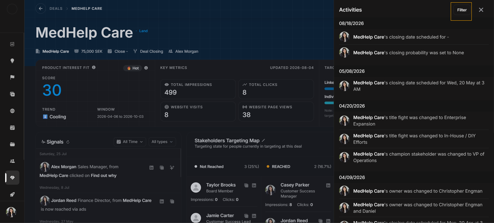 Deal activities filter button