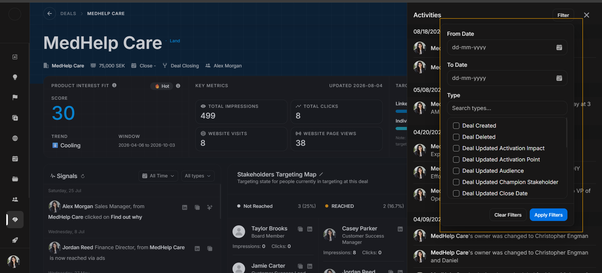 Deal activities filter panel