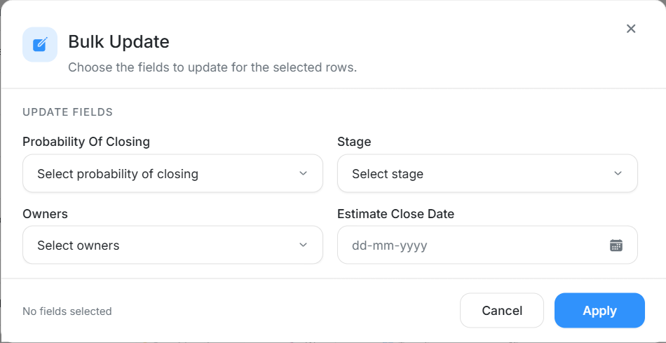 Bulk Update Deals dialog