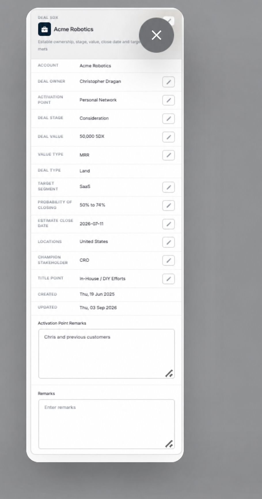 Deal details editable fields