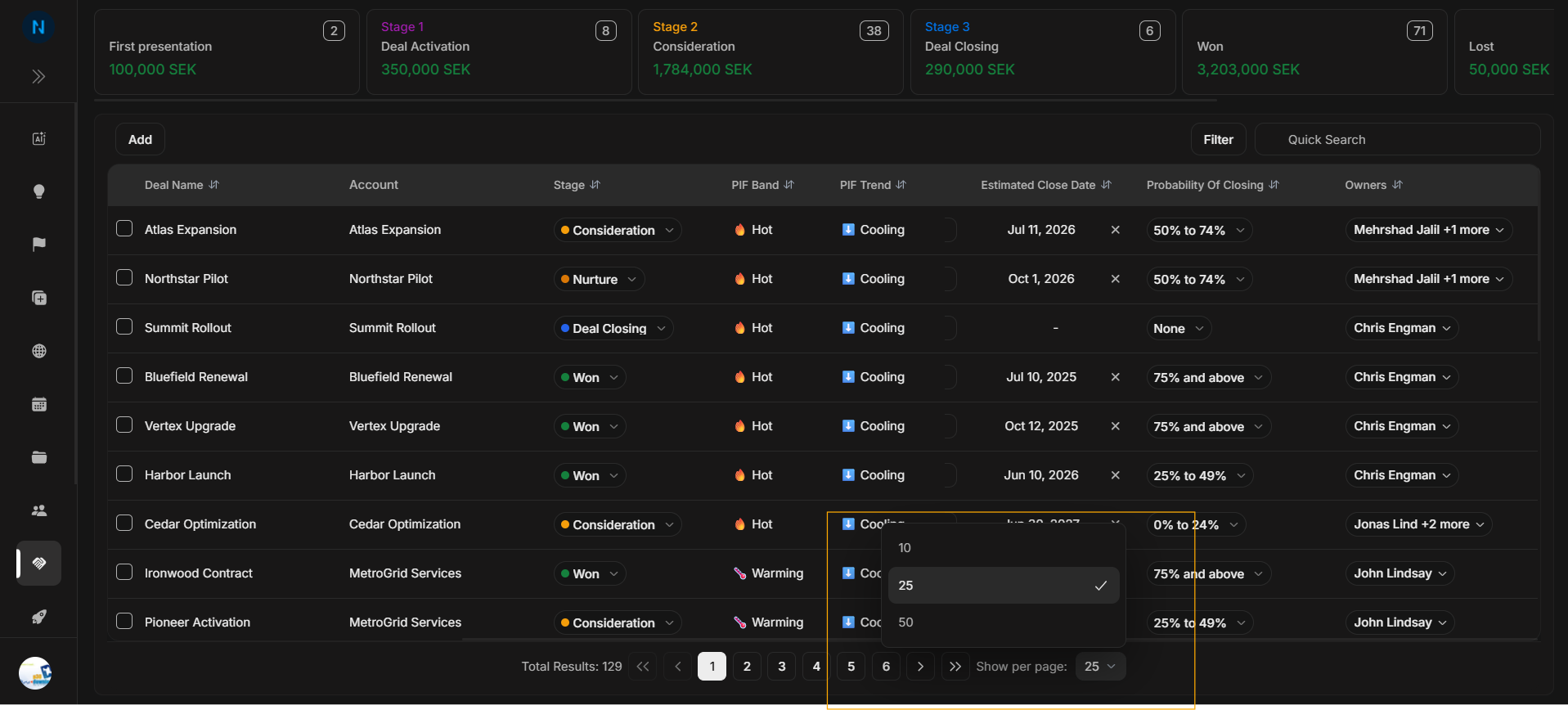Deals page-size menu