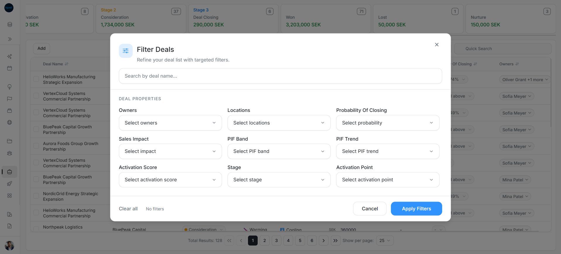 Filter Deals modal