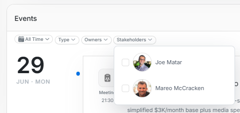 Deal event stakeholders filter