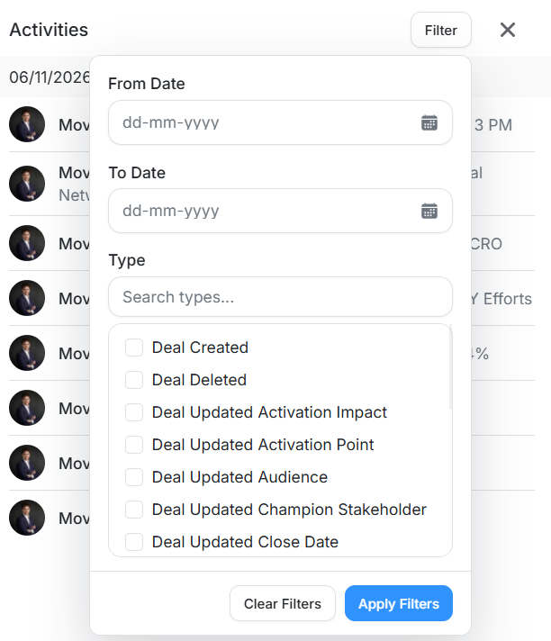 Deal activities filter