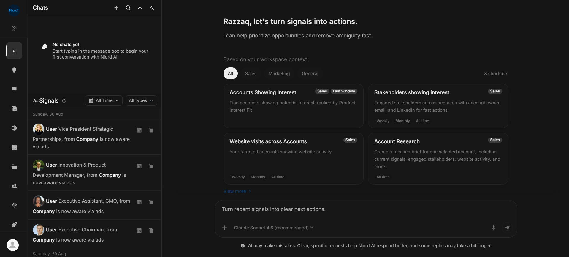 Njord AI shortcuts screen