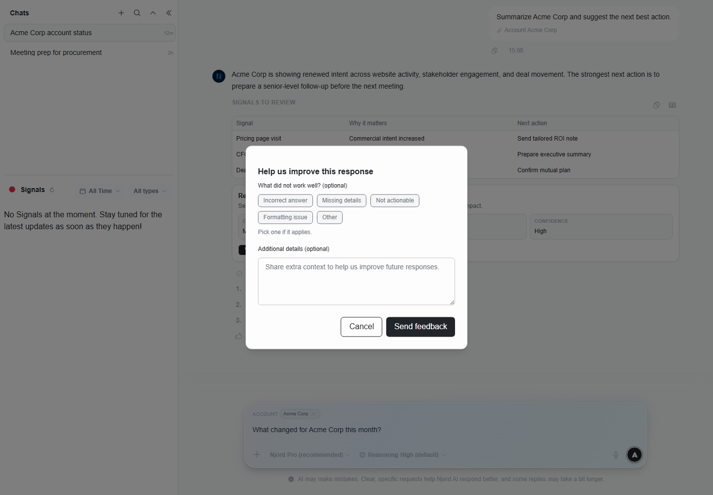 Njord AI feedback dialog