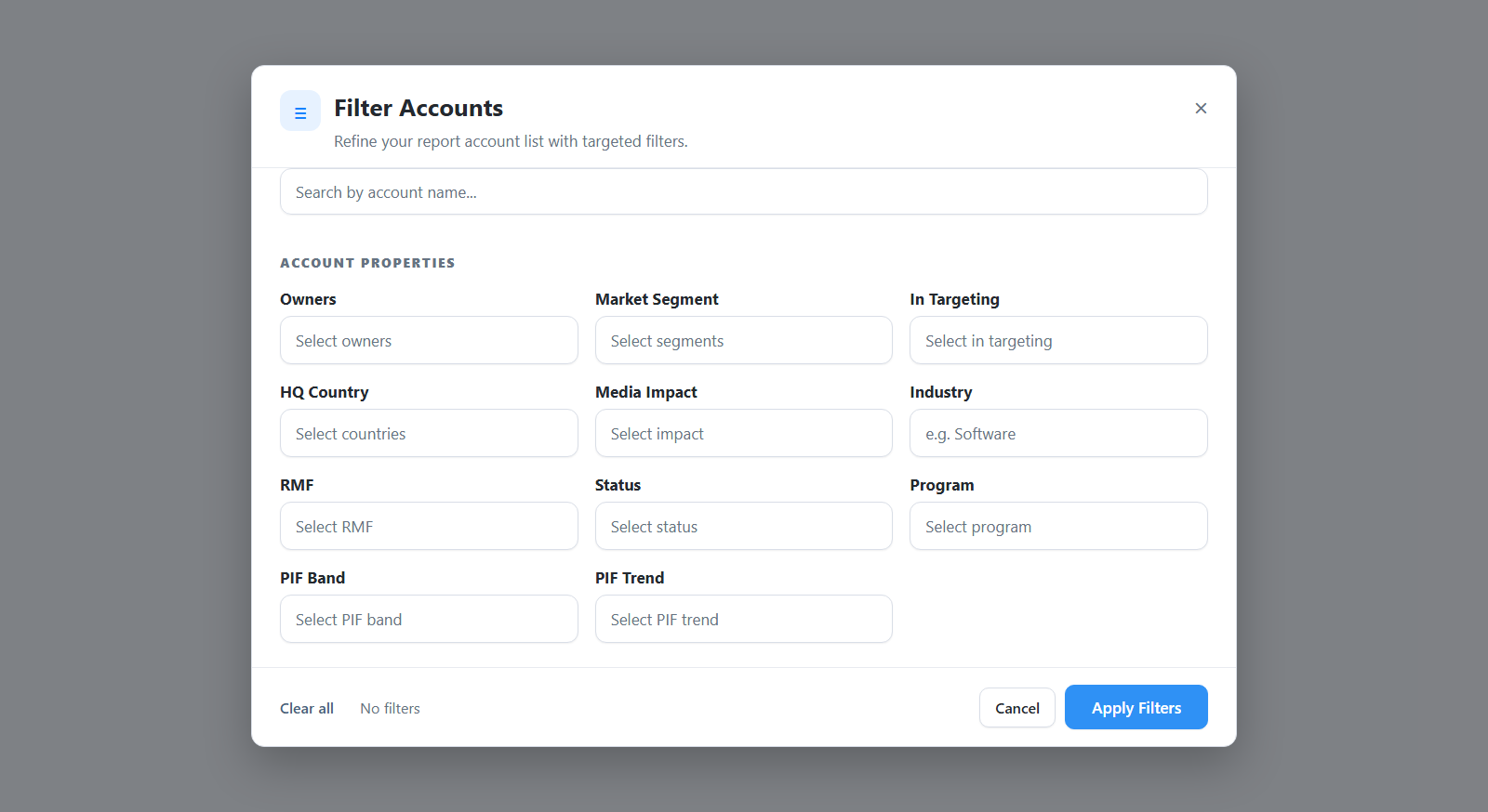Filter Accounts dialog showing account properties